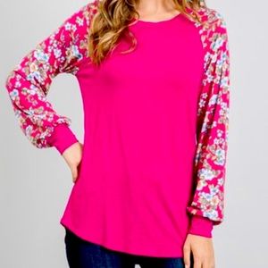 Fuchsia & Lime Leaves Bishop-Sleeve Raglan Top